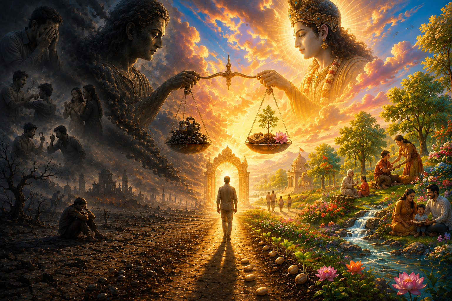 Illustration representing karma, conscience, repentance, and the balance between one's actions and divine knowledge.